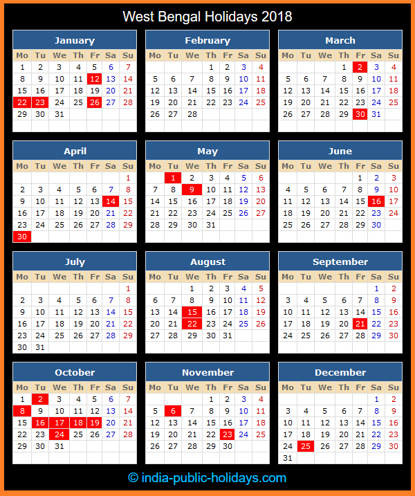West Bengal Holiday Calendar 2018